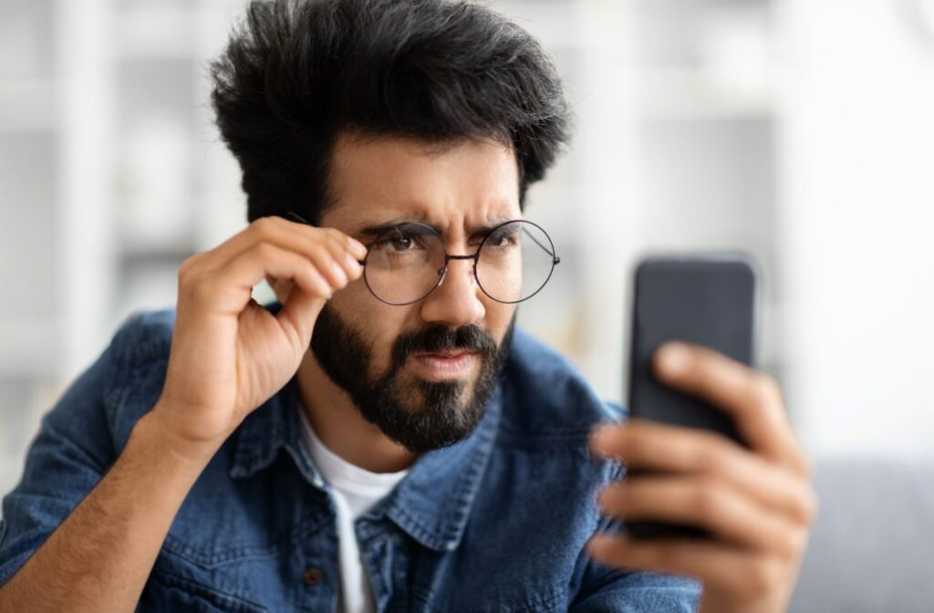 An adult man holding one side of his glasses with his right hand and straining his eyes as he looks at his smartphone held by his left hand in front of him.