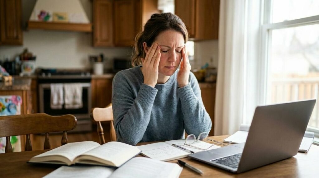 A stressed woman sitting at a kitchen table rubbing her temples with her eyes closed, surrounded by open books and a laptop, illustrating stress-induced eye strain or blurry vision.