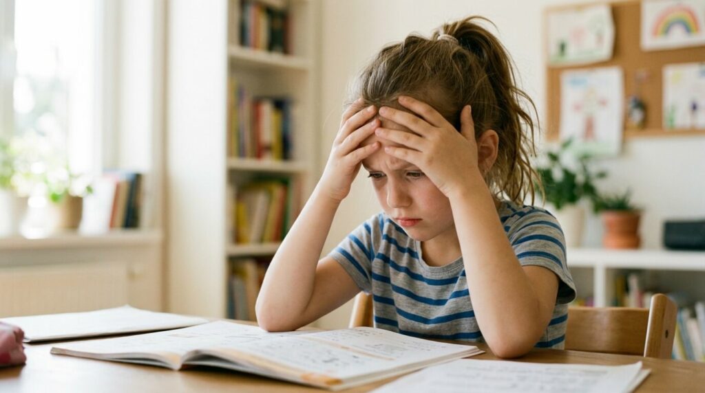 A frustrated young girl sitting at a desk holding her head in her hands while looking down at a school workbook, demonstrating stress, fatigue, or eye strain during homework.