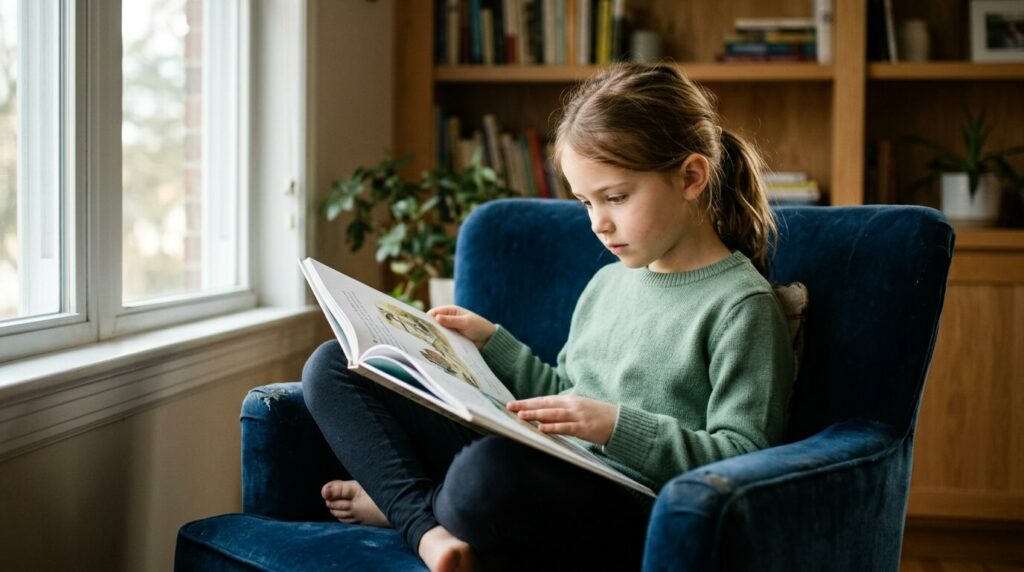 A young girl sitting cross-legged in a blue armchair near a window, focused intently on reading an open picture book, illustrating the impact of functional vision tracking on childhood reading skills.