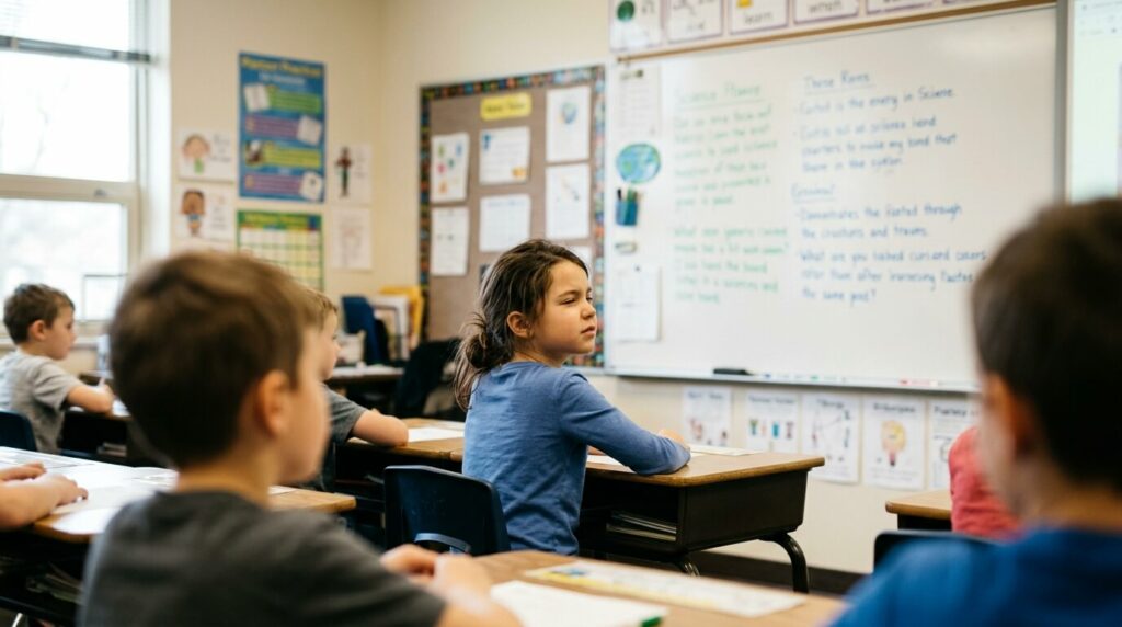 A young schoolgirl sitting at a classroom desk and squinting at a whiteboard filled with text, illustrating early signs of vision problems or tracking issues in children.