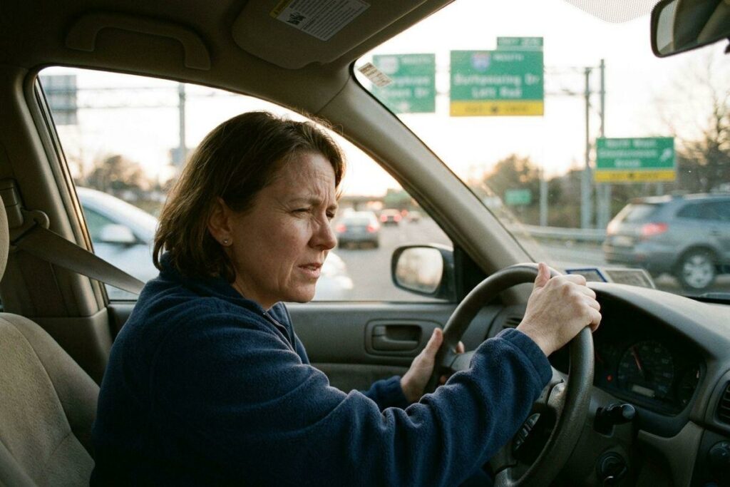 Adult gripping a steering wheel while driving on a busy highway, looking focused with a tense expression. Green highway signs visible through the windshield.