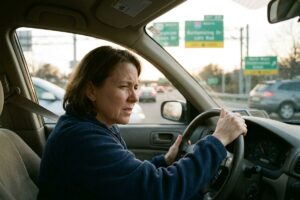 Adult gripping a steering wheel while driving on a busy highway, looking focused with a tense expression. Green highway signs visible through the windshield.
