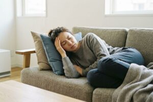 Adult lying on a grey sofa with eyes closed, hand pressed to temple, expression pained, in a living room.