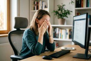 Adult sitting at a desk covering their face with both hands in front of a computer monitor in a home office.