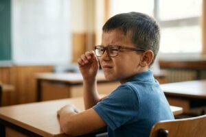 Child wearing glasses rubbing one eye with a grimacing expression while seated at a wooden desk in a classroom.