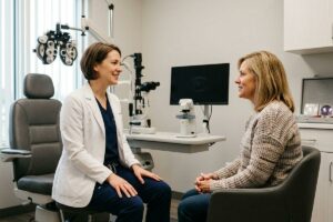 Optometrist smiling and talking with a seated patient in an eye exam room with a phoropter and slit lamp visible in the background.