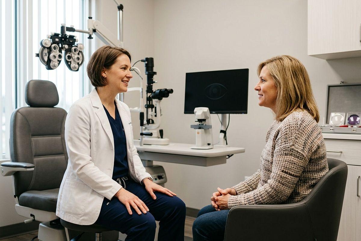 Optometrist smiling and talking with a seated patient in an eye exam room with a phoropter and slit lamp visible in the background.