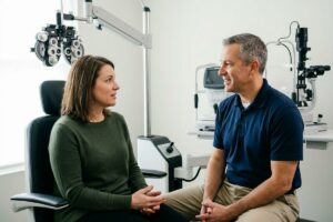 Patient seated in an exam chair talks with a smiling optometrist in an eye clinic, with a phoropter and slit lamp visible behind them.
