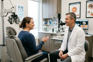 Patient sitting in exam chair talking with a smiling optometrist in an eye clinic, with a phoropter and eye chart visible.