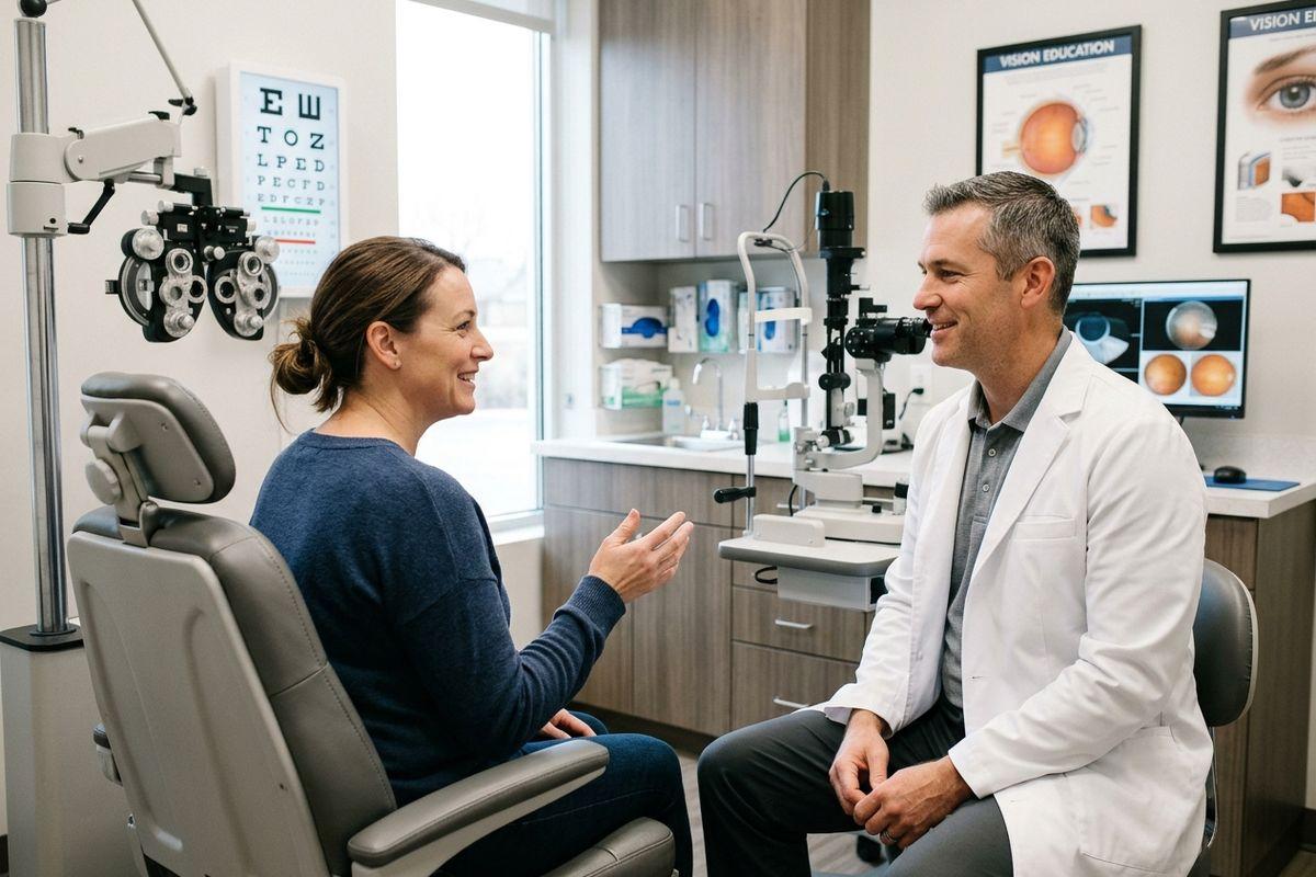 Patient sitting in exam chair talking with a smiling optometrist in an eye clinic, with a phoropter and eye chart visible.