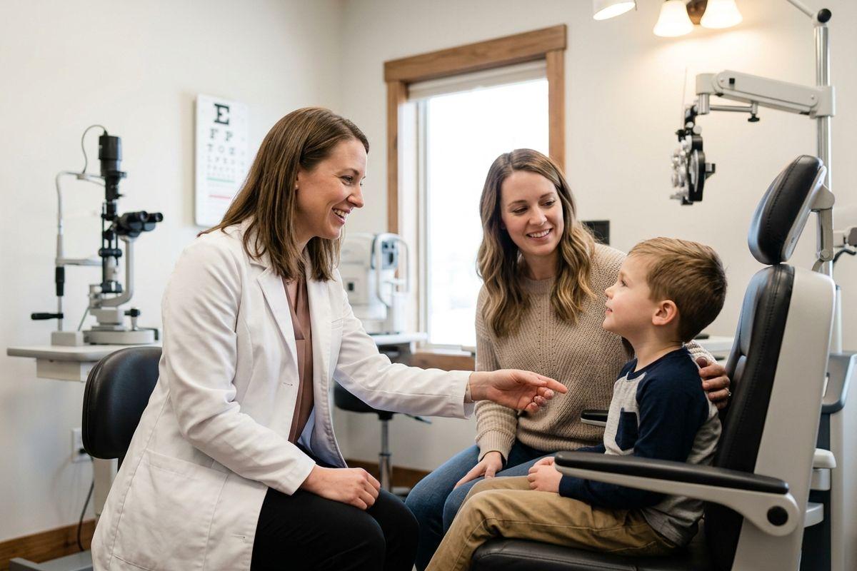 Smiling optometrist reaches toward a young child seated in an exam chair beside an accompanying adult in an eye exam room.