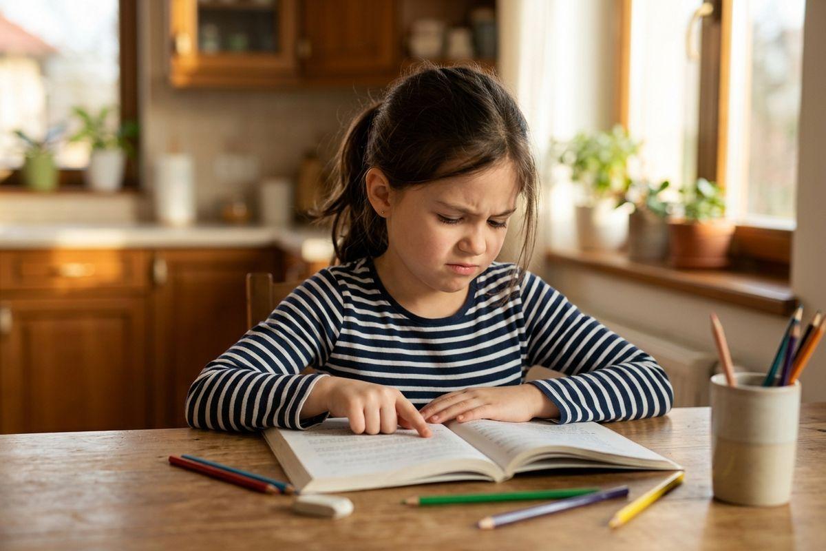A child in a striped shirt frowning while reading a book at a kitchen table with colored pencils.