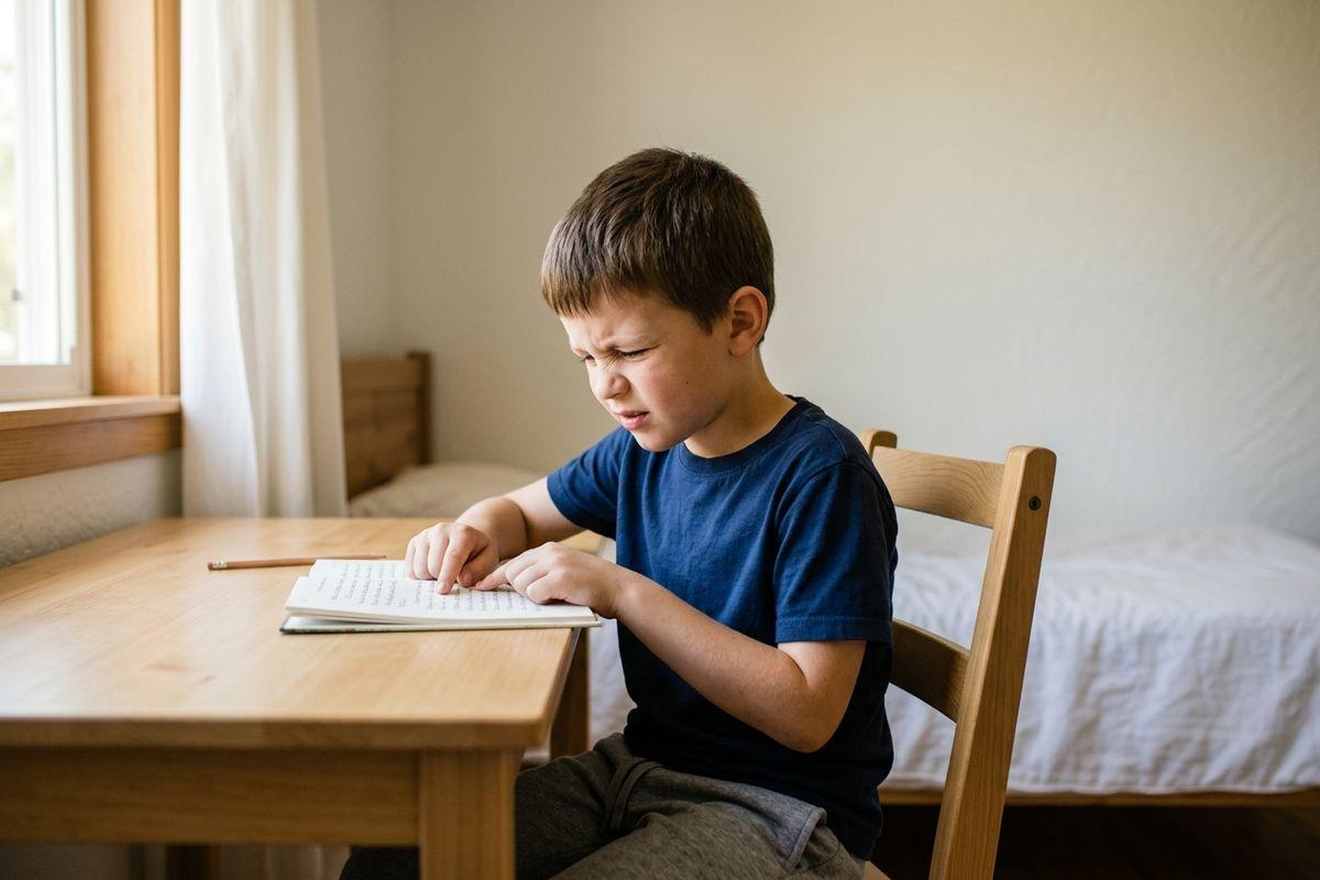 A child squinting while reading a book at a wooden table in a bedroom, pointing at the text with one finger.