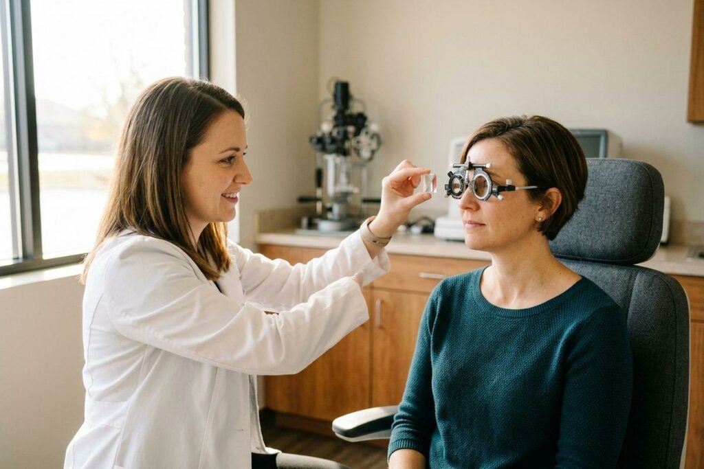 An optometrist inserting a lens into trial frames worn by a seated patient during an eye exam.