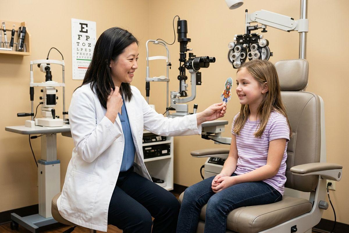 An optometrist smiling, holding a sticker toward a child seated in an exam chair, with an eye chart and testing equipment in the background.