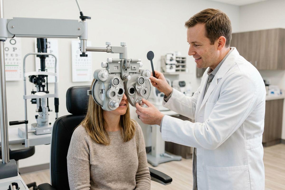 Optometrist conducts an eye exam using a phoropter on a seated patient in an exam room.