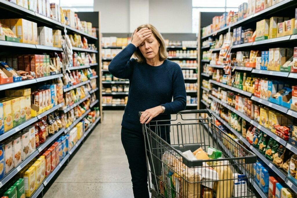 Person with hand on forehead, eyes closed, leaning on a shopping cart in a grocery store aisle lined with shelves.